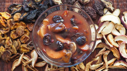 Diet dessert for children and seniors.Homemade fruit jelly made with starch and dried fruits. Healthy natural food.