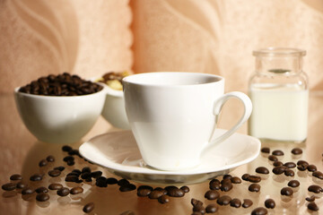  The concept of home comfort and warmth. On the table, a cup of coffee and a cake against a background of pink curtains.