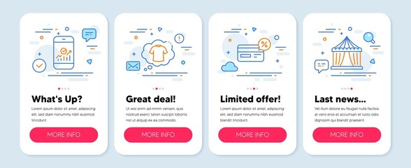 Set of Business icons, such as Cashback, T-shirt, Smartphone statistics symbols. Mobile screen banners. Circus tent line icons. Non-cash payment, Laundry shirt, Mobile business. Vector
