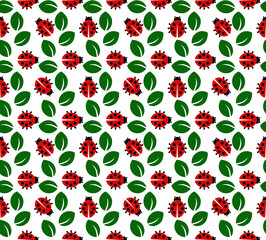 Ladybugs with green leaves. Cute beetles in nature pattern background.