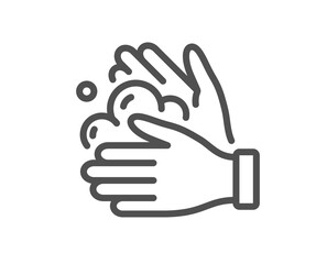 Wash hands line icon. Covid hygiene sign. Clean washing symbol. Quality design element. Linear style wash hands icon. Editable stroke. Vector
