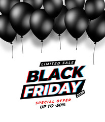 Black Friday black balloons vector graphic - Black Week white promo banner