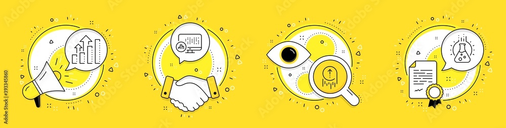 Poster swipe up, report statistics and analysis graph line icons set. megaphone, licence and deal vector ic