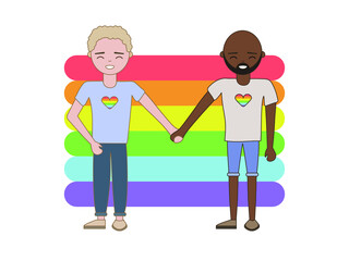 Two lovers and happy guys on a rainbow background. The LGBT theme. Vector image in eps format.