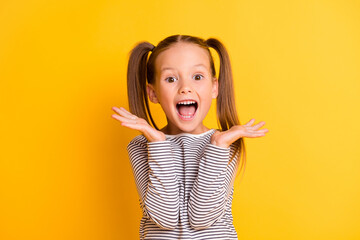 Portrait of young excited shocked crazy smiling girl child kid hold hands isolated on yellow color...
