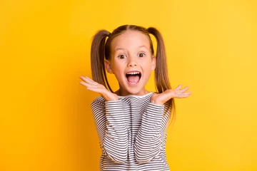 Foto op Canvas Portrait of young excited shocked crazy smiling girl child kid hold hands isolated on yellow color background © deagreez