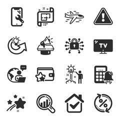 Set of Technology icons, such as Tv, Architectural plan, Airplane symbols. Security lock, Loan percent, Loyalty program signs. Share idea, Megaphone, Creative idea. Seo analysis. Vector