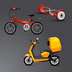 Realistic youth city transport set on transparent background. Bicycle, gyroscooter and bike. Modern alternative city transport. Ecological teenager transport, isolated icon.