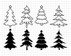 Christmas tree on the transparent background. New Year symbol. Silhouette and outline vector flat illustration. Cutting file. Suitable for cutting software. Cricut, Silhouette