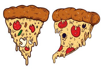 Set of illustrations of slices of pizza. Design element for poster, card, banner, sign. Vector illustration