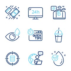 Business icons set. Included icon as Quick tips, Water drop, 24h service signs. Coffee cocktail, Payment, Calculator target symbols. Travel luggage, Eye drops line icons. Line icons set. Vector