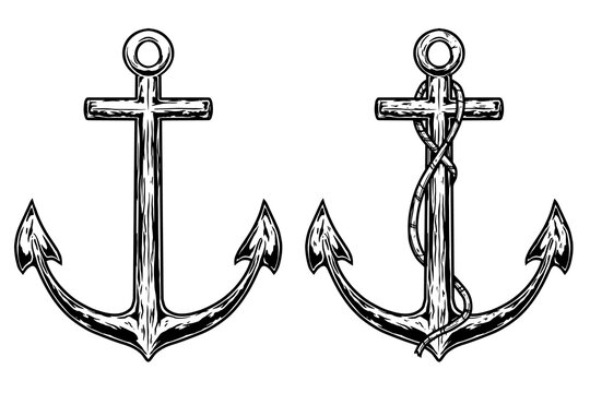 Set of Illustrations of retro anchors in engraving style. Design element for emblem, sign, poster, card, banner, flyer. Vector illustration
