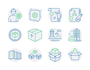 Industrial icons set. Included icon as Engineer, Parcel tracking, Lighthouse signs. Parcel shipping, Package, Algorithm symbols. Buildings, Packing boxes, Cogwheel. Manual doc, Get box. Vector