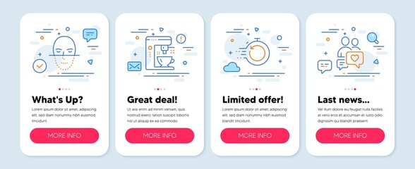 Set of Technology icons, such as Coffee maker, Fast recovery, Face recognition symbols. Mobile screen banners. Dating chat line icons. Tea machine, Backup timer, Faces biometrics. People love. Vector