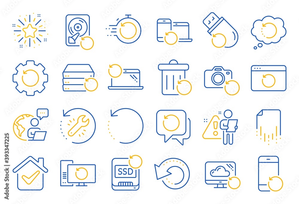 Poster recovery line icons. backup, restore data and recover document. laptop renew, repair and phone recov