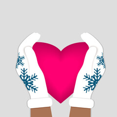 Hands in mittens holding a heart. Warm and soft mittens. Trust care and protection. Place for an inscription. vector illustration.