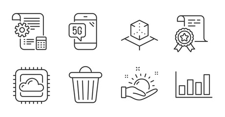 Sunny weather, Augmented reality and Report diagram line icons set. Trash bin, Certificate and Settings blueprint signs. Cloud computing, 5g phone symbols. Quality line icons. Vector