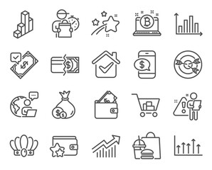 Finance icons set. Included icon as Bitcoin, 3d chart, Internet shopping signs. Crown, Accepted payment, Targeting symbols. Payment methods, Demand curve, Growth chart. Loyalty program. Vector