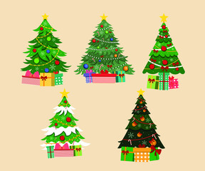 Collection of Christmas trees with gift box and snow.Template for design, greeting card, invitation.Vector illustration.Editable