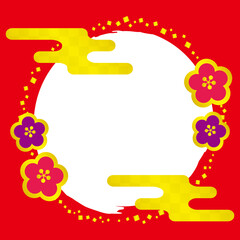 梅の花と金箔の和風フレーム　枠　円形