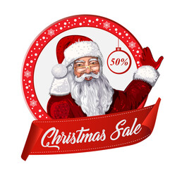Christmas Sale Tag.Vintage christmas label with Santa Claus inviting for sale.