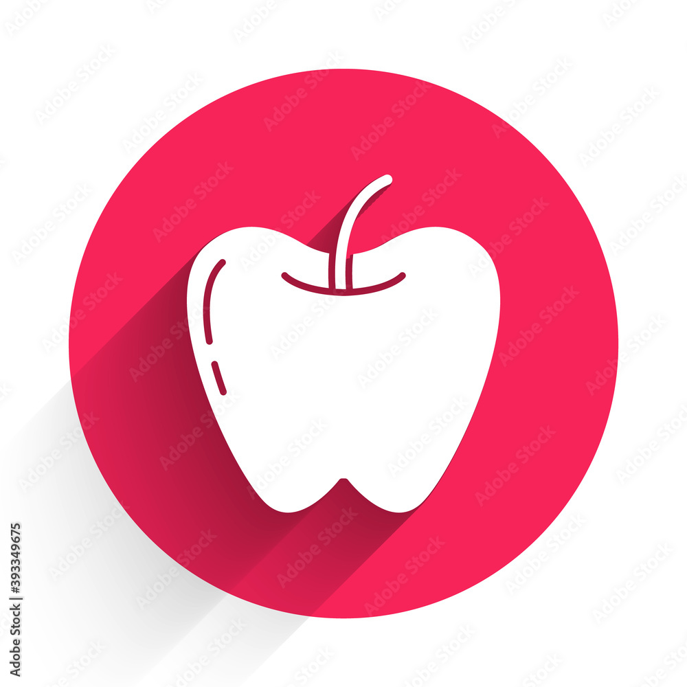 Poster white apple icon isolated with long shadow. fruit with leaf symbol. red circle button. vector.