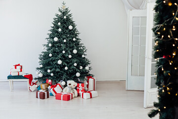 Christmas tree with gifts decor new year feast winter background