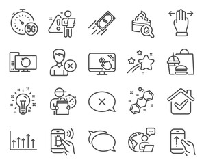 Business icons set. Included icon as Fast payment, Touch screen, Swipe up signs. Chemical formula, Recovery computer, Multitasking gesture symbols. Growth chart, Idea, Reject. Talk bubble. Vector