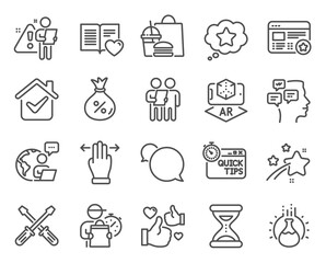 Technology icons set. Included icon as Multitasking gesture, Augmented reality, Love book signs. Loan, Time, Survey symbols. Chemistry experiment, Messenger, Quick tips. Screwdriverl, Like. Vector