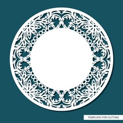 Round frame with place for text in the center. Openwork lace pattern, oriental floral ornament of leaves, curls. Template for plotter laser cutting of paper, cardboard, plywood, wood carving, metal.