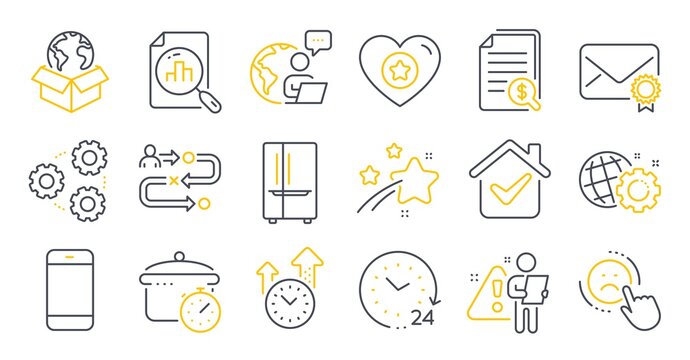 Set of Technology icons, such as Delivery service, Seo gear, Analytics graph symbols. Smartphone, 24 hours, Refrigerator signs. Boiling pan, Time management, Verified mail. Gears, Dislike. Vector