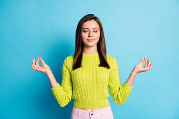 Photo of young beautiful peaceful positive happy girl woman female meditating hold hands balance...