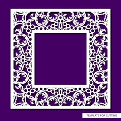 Square frame for photos, pictures, mirrors. Openwork lace pattern, oriental floral ornament of leaves, curls. Template for plotter laser cutting (cnc) of paper, cardboard, plywood, wood carving, metal