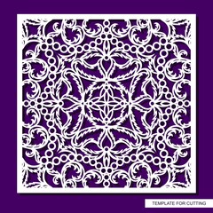 Square panel with delicate lace pattern. Floral oriental ornament of leaves, curls. Template for plotter laser cutting of paper, cardboard, plywood, wood carving, metal engraving, cnc. Vector image.