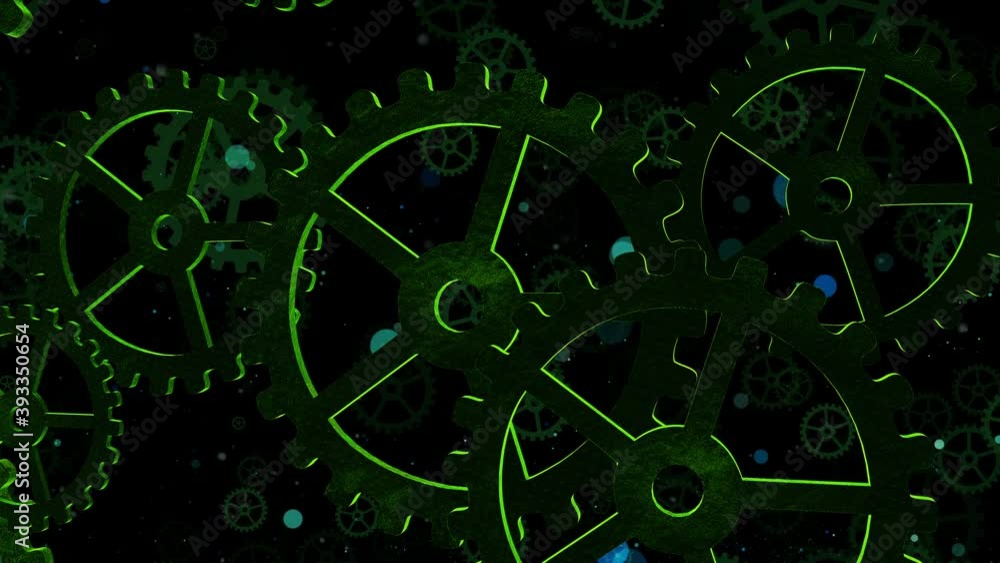 Aufkleber abstract video illustration computer render with green rotating gears symbolizing life, doing busine