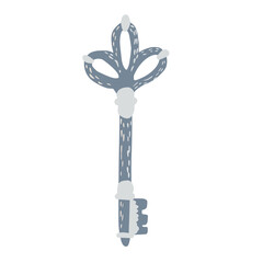 Gray key isolated on white background. Antiquarian element for door in doodle.