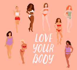 Group of beautiful women. Body positivity. Feminism, diversity, race equality vector illustration.