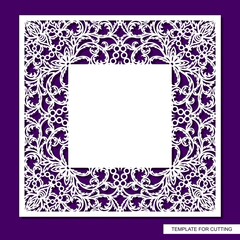 Square frame with place for text. Card, wedding invitation blank, certificate. Openwork lace pattern, floral ornament. Template for plotter laser cutting of paper, cardboard, plywood, wood carving.