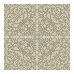Floor or wall tile design. Classic openwork floral ornament made of thin leaves and flowers. Calm gray-beige colors of the pattern and background. Square abstract texture. Vector illustration.