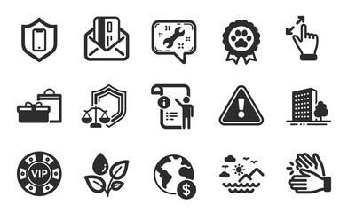 Smartphone protection, Manual doc and Clapping hands icons simple set. Spanner, Global business and Touchscreen gesture signs. Justice scales, Plants watering and Credit card symbols. Vector