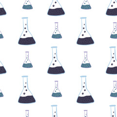 Isolated seamless pattern with education science navy blue flasks. White background. Labaratory print.