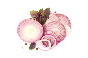 Sliced red onion with basil and pepper on white