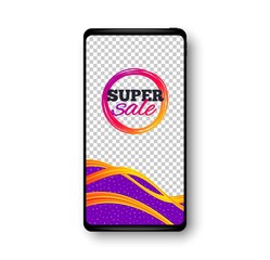 Super sale banner. Phone mockup vector banner. Discount sticker shape. Coupon bubble icon. Social story post template. Super sale badge. Cell phone frame. Liquid modern background. Vector
