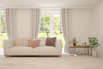 White living room with sofa and summer landscape in window. Scandinavian interior design. 3D illustration
