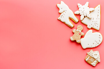 Flat lay of icing gingerbread cookies, top view