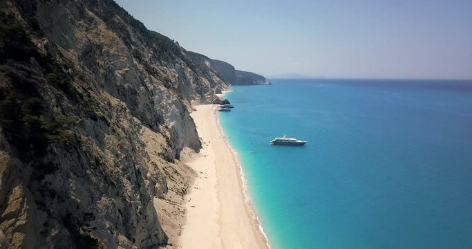 Drone view of Egremni beach at Lefkada island and surrounding cliffs