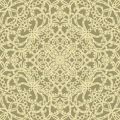 Lace seamless pattern with classic floral ornament. Light yellow curls of flowers and leaves on a gold background. Repeating square texture for textiles, fabrics, wallpapers, wrapping paper, web. 