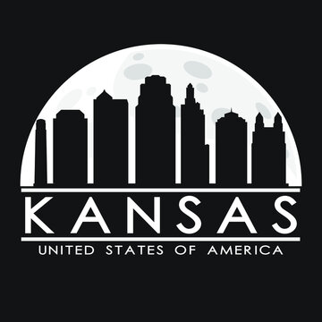 Kansas Missouri Full Moon Night Skyline Silhouette Design City Vector Art.