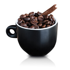 black Cup with coffee beans and cinnamon. isolated on a white background with shadow and reflection. selective focus