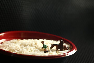 Miniature farmer with horse carriage figure model put on the rice bowl scene represent argriculture and food concept related idea.